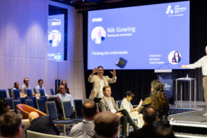 Food Frontier Interim Chair David Bucca catches the 'catchbox' mic at AltProteins 25